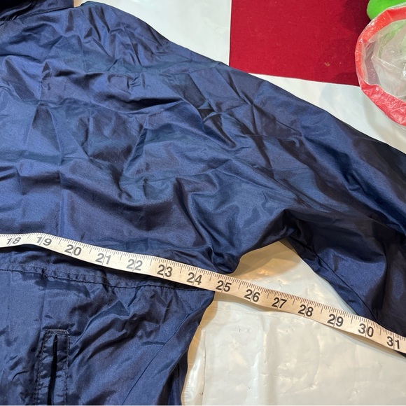 LL Bean BLUE NYLON red Rain Wind Jacket Full Zip COAT Hood vented Windbreaker Lg - Picture 9 of 16
